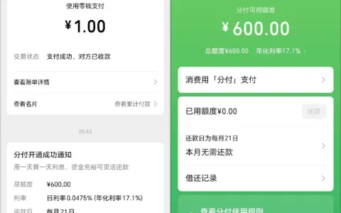 微信分付入口持有多年终成功开通，600 元初始额度获批，使用规则与提额经验参考