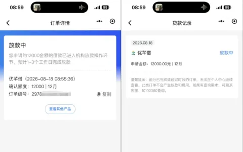 融 360 匹配到优芊借 12000 元额度，进入放款环节预计 1-3 工作日到账，实际放款稳定性实测参考