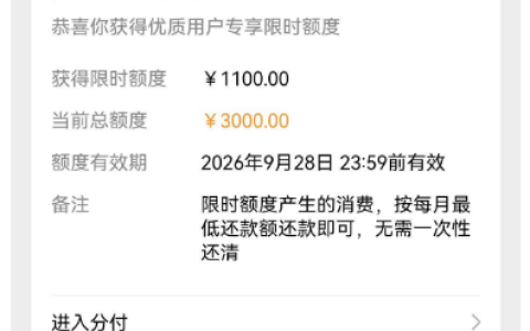微信分付 1900 元固定额度三年未涨，长期最低还款，意外获 1100 元临时额度提至 3000 元