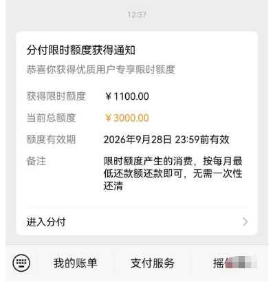 微信分付 1900 元固定额度三年未涨,长期最低还款,意外获 1100 元临时额度提至 3000 元 微信分付 1900 元固定额度三年未涨,长期最低还款,意外获 1100 元临时额度提至 3000 元