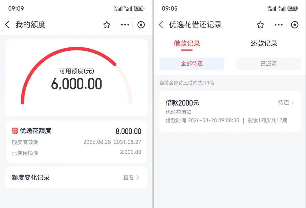 优逸花上月申请被拒重测通过，8000 元预授信实批 2000 元，安逸花未结清暂无法复借参考