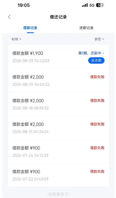 信用飞此前多次申请被拒，间隔提交 1900 元借款到账，历时一天审核通过实测参考