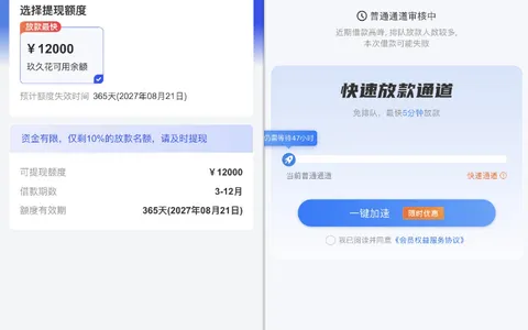 融 360 玖久花 12000 元循环额度可提现，普通通道排队易失败，快速通道需开通会员实测参考