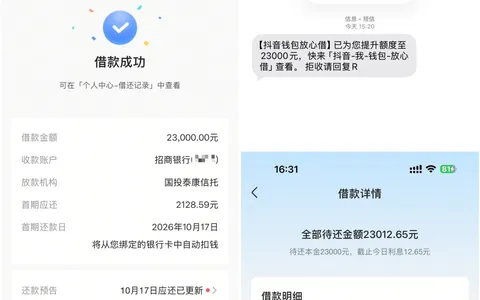 抖音钱包放心借收提额短信获批23000元，企业认证加持高额度，提交申请秒速到账
