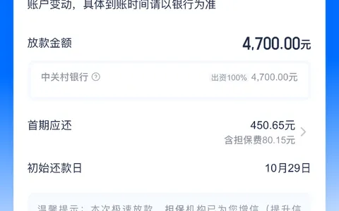 安逸花注销重开出13500额度，申请1万实际放款4700元，中关村银行出资
