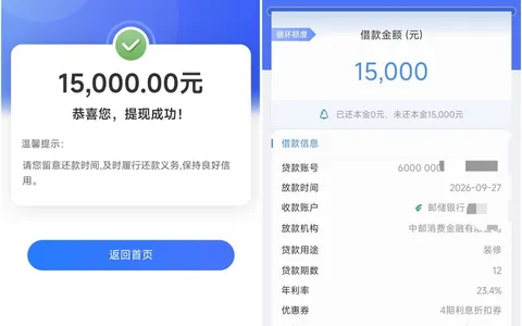 中邮消费金融15000元循环额度秒到账，上笔未结清仍可借，年利率23.4%