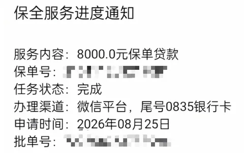 太平洋保单贷 8000 元借款顺利获批，微信平台线上办理，小额应急快速放款实测参考