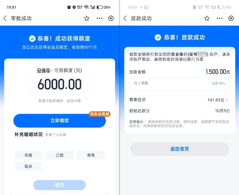 安逸花时隔一年多再次放款，支付宝小程序申请出 6000 额度，实际到账 1500 元实测参考
