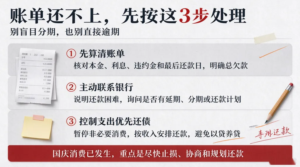 国庆假期刷爆信用卡,账单还不上怎么办?别分期别最低还,这3步才是正解 国庆假期刷爆信用卡,账单还不上怎么办?别分期别最低还,这3步才是正解