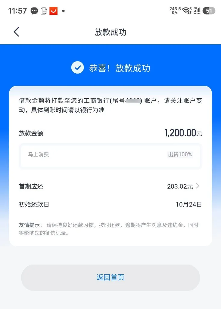 安逸花现在还放款吗？1200元成功放款，3期选不了改6期，当月借当月就要还首期