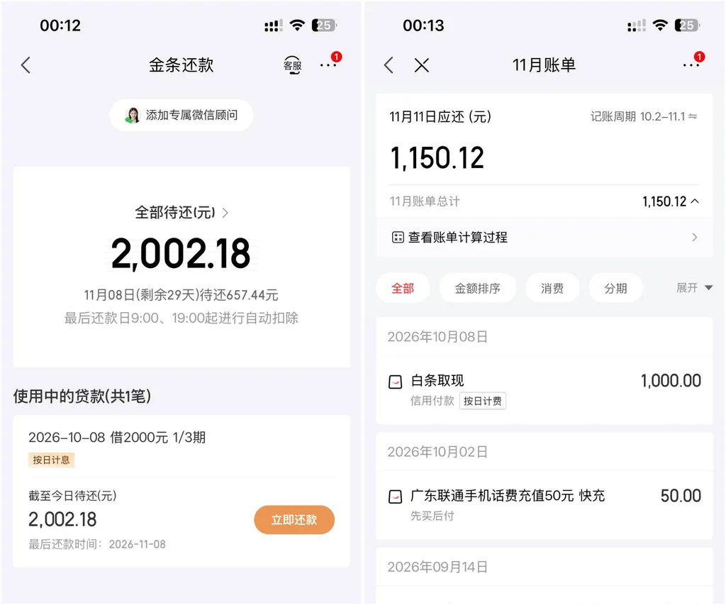 京东白条申请成功案例：一万五额度取现1000，京东金条2000分3期，双双到账