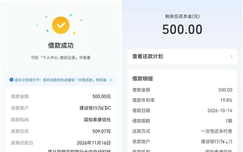 放心借500元几分钟到账，国投泰康信托出资，1期到期还509.07元