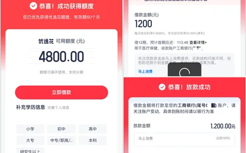 单月征信查询 30 余次安逸花借不出，优逸花秒出 4800 额度实际放款 1200 元分 12 期