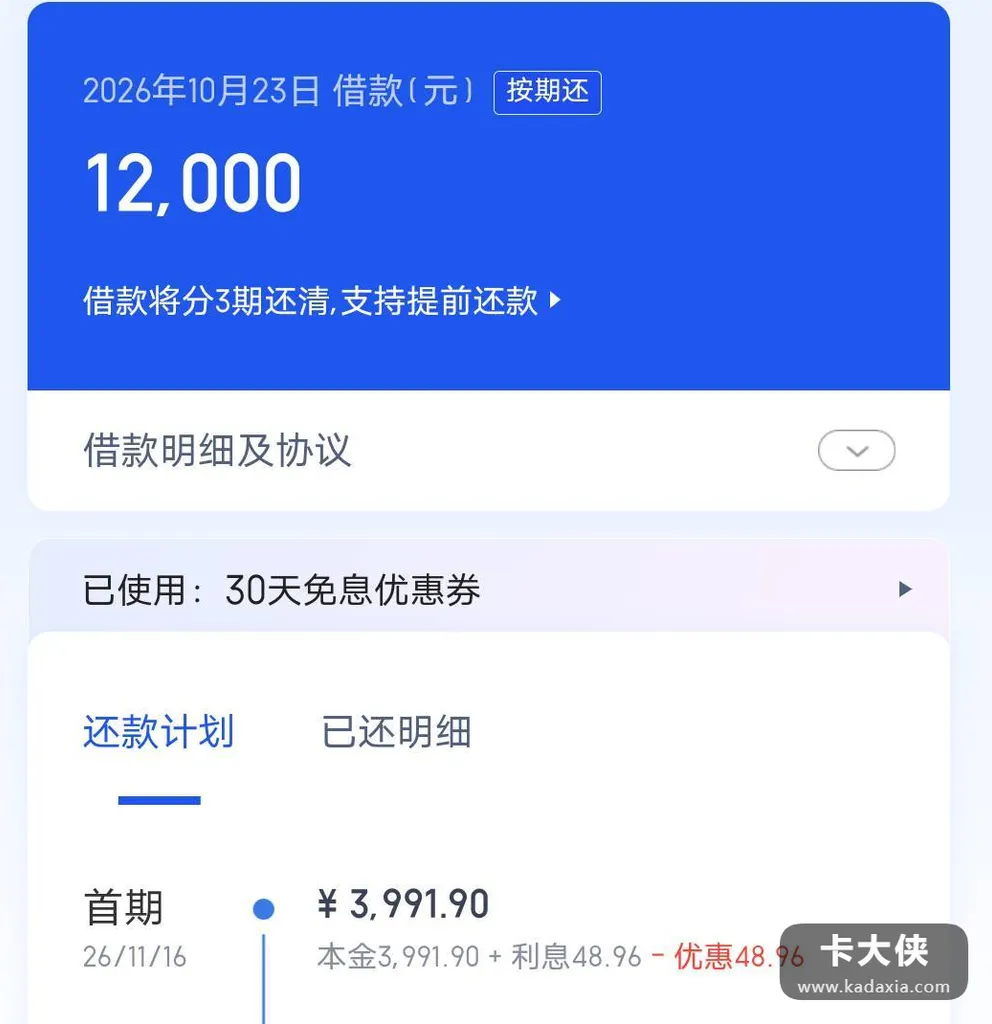 负债高也批了12000：有钱花三期利息53.8，近三月只查3次征信